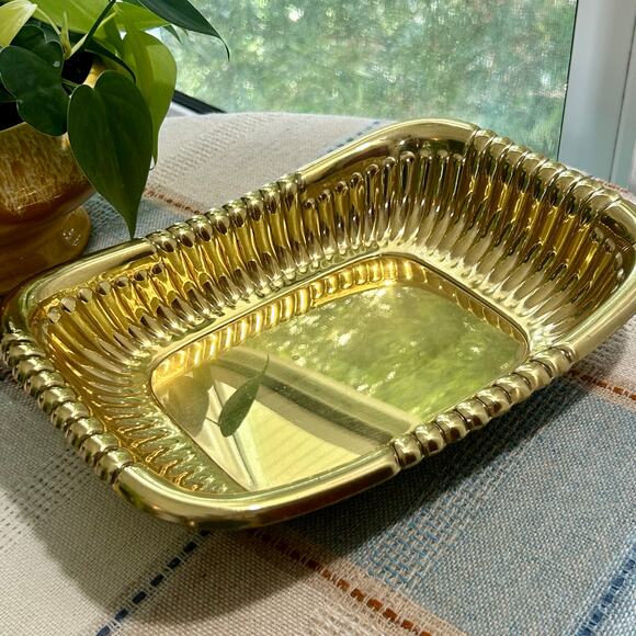 Antique Brasscrafters Sheraton Polished Brass Bowl 11x8 Decorative Tray - Picture 11 of 13